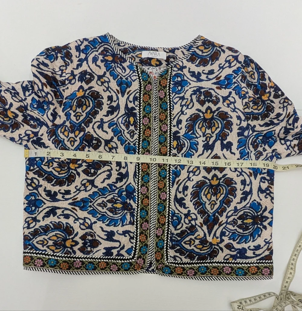 Avara Natasha Jacket Blue White Retro Inspired Cropped Snap Button Embroidery M - Picture 4 of 11